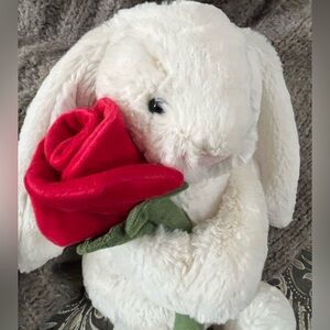 Jellycat Cream Plush Bunny Holding Red Rose
